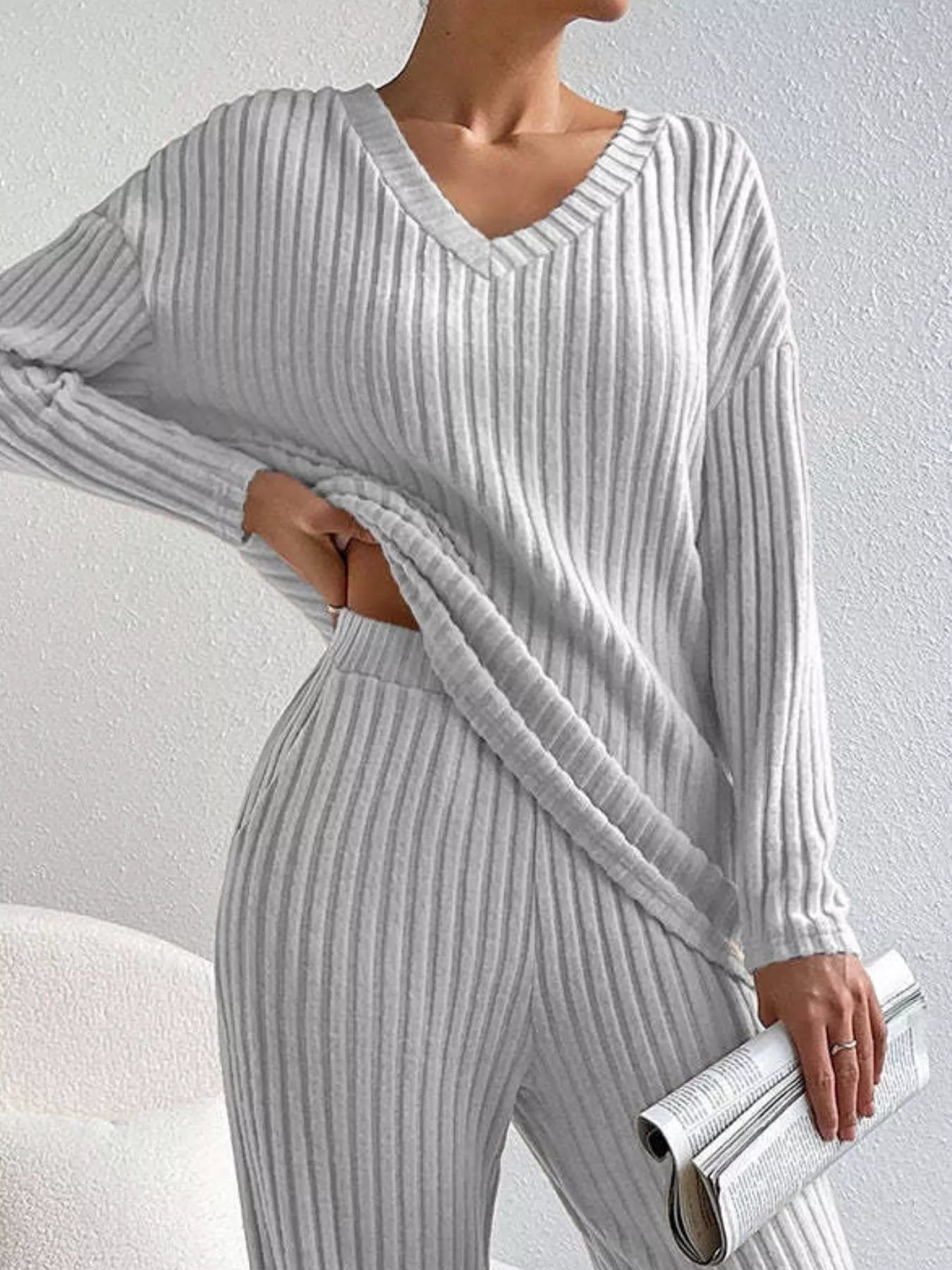 Ribbed V-Neck Top and Pants Set b37ba930-45c1-4bbb-a55c-69e1bd943950-Max-Origin