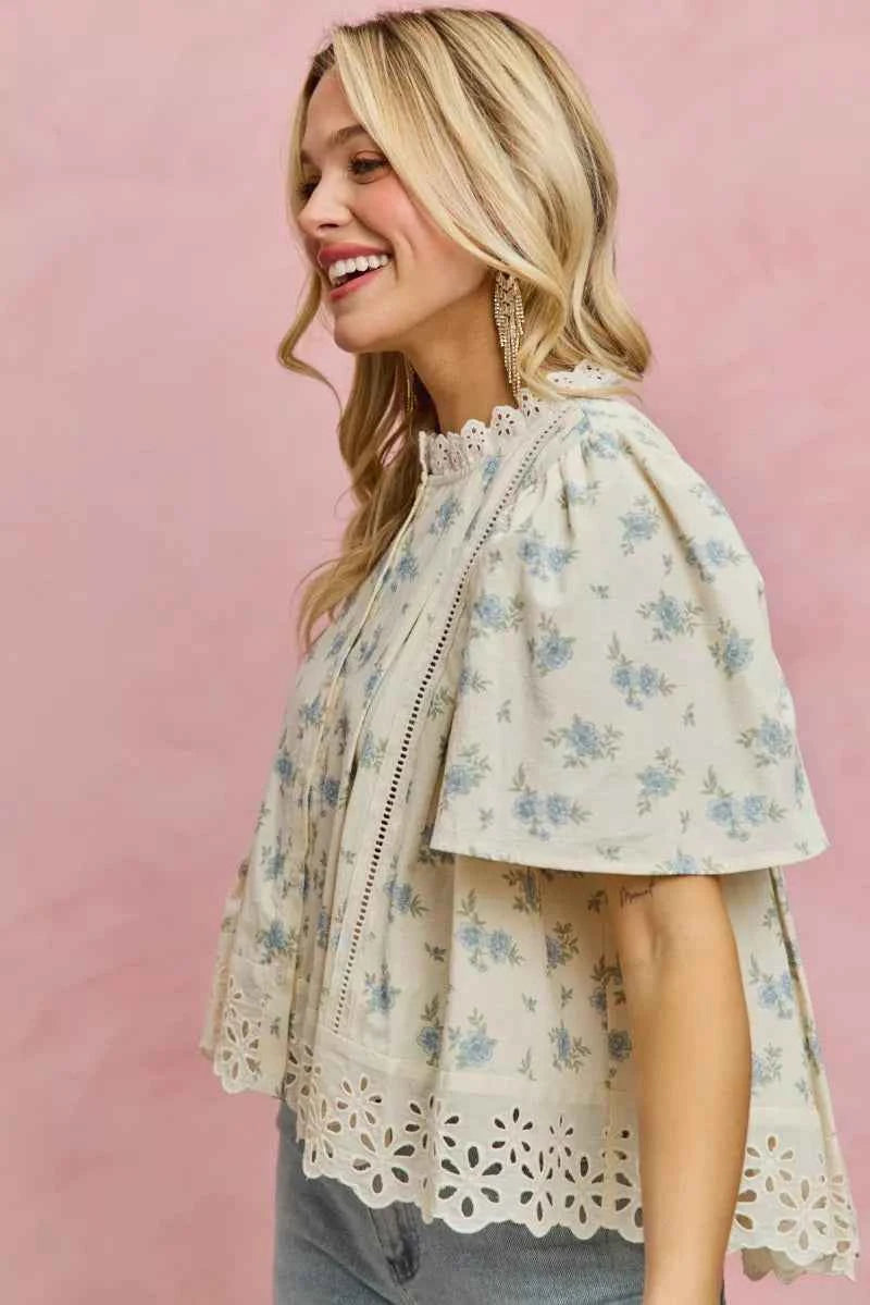 SO ME Floral Print Lace Trim Flutter Sleeves Blouse b387927f-e006-48fb-b451-5c3bc1694247-Max-Origin