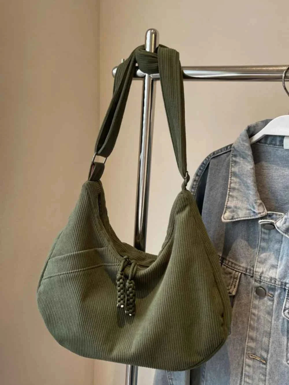 Ribbed Adjustable Strap Shoulder Bag Moss One Size b3883d21-122a-4f15-8264-f2ac71243a02-Max