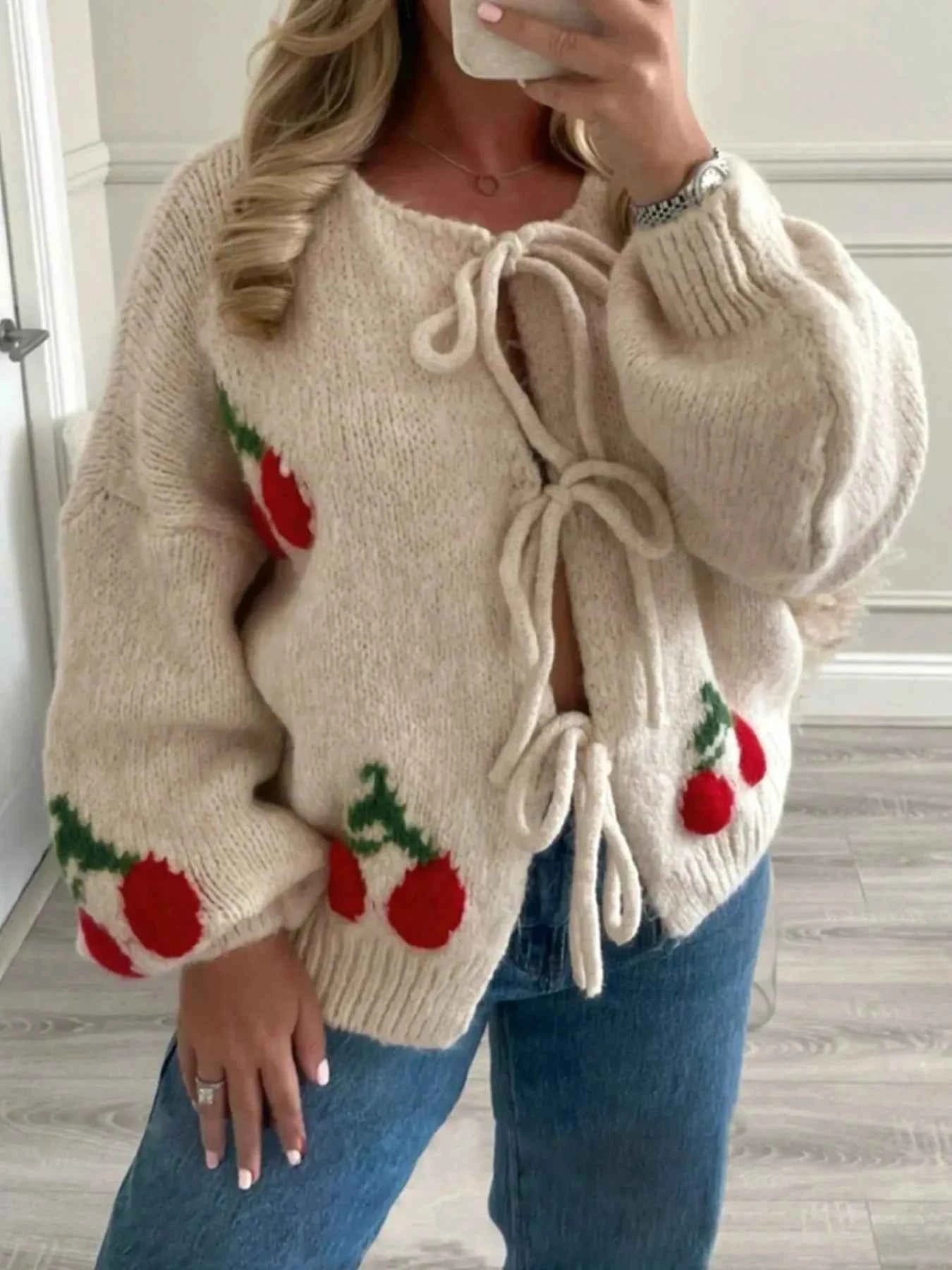 Cherry Pattern Tie-Front Oversized Cardigan Khaki b38d175d-7659-4211-adcb-5583fbb6afdd-Max-Origin