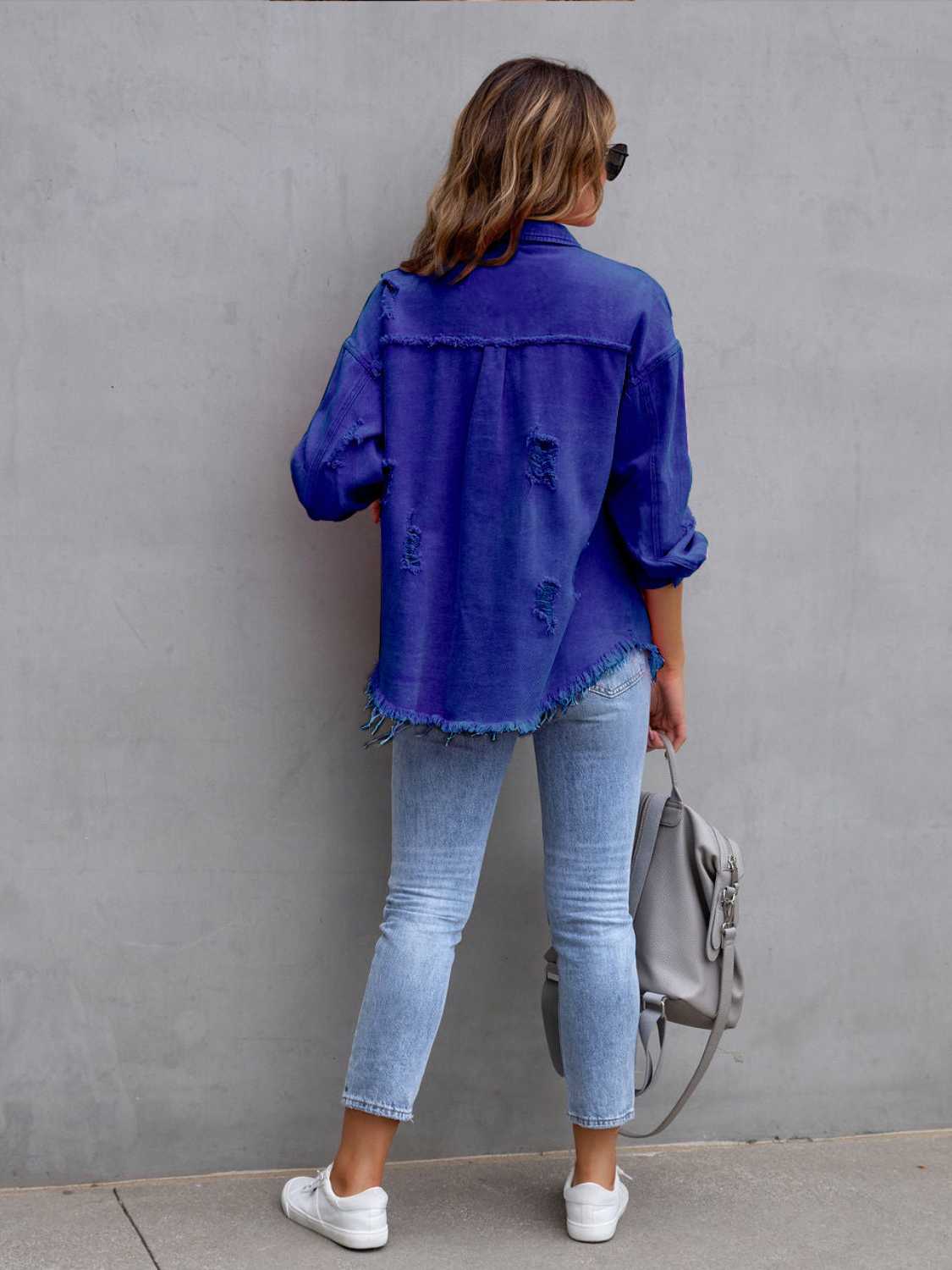 Distressed Drop Shoulder Denim Jacket b3903627c94a42b4b1946a260b992445-Max