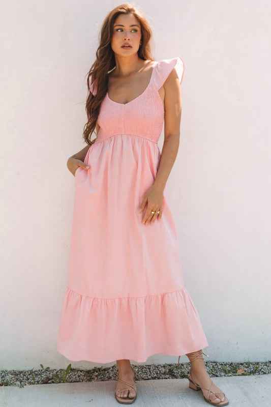 Solid V-Neck Flutter Sleeve Ruffle Maxi Dress b3933f36-80c6-4b33-86d0-cb4f8987591f