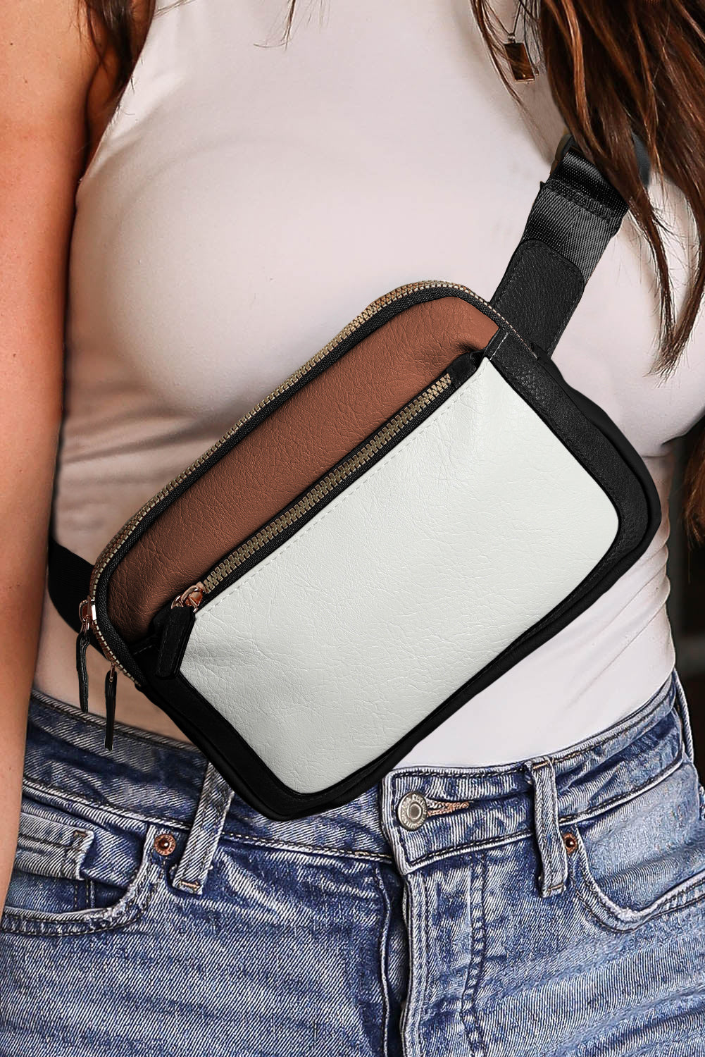 White Color Block Adjustable Belt PU Leather Crossbody Bag b395acbe2d20810e
