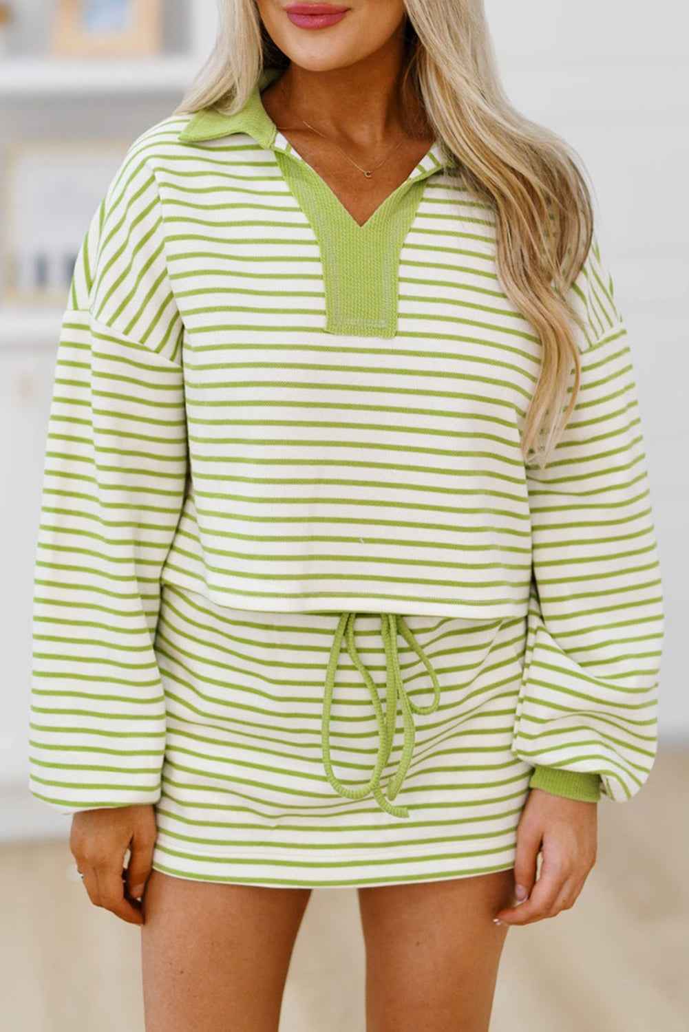 Green Striped Collared V Neck Drop Shoulder Pullover and Skirt Set Green Stripe 70%Polyester+30%Cotton b3967df86ac333d8