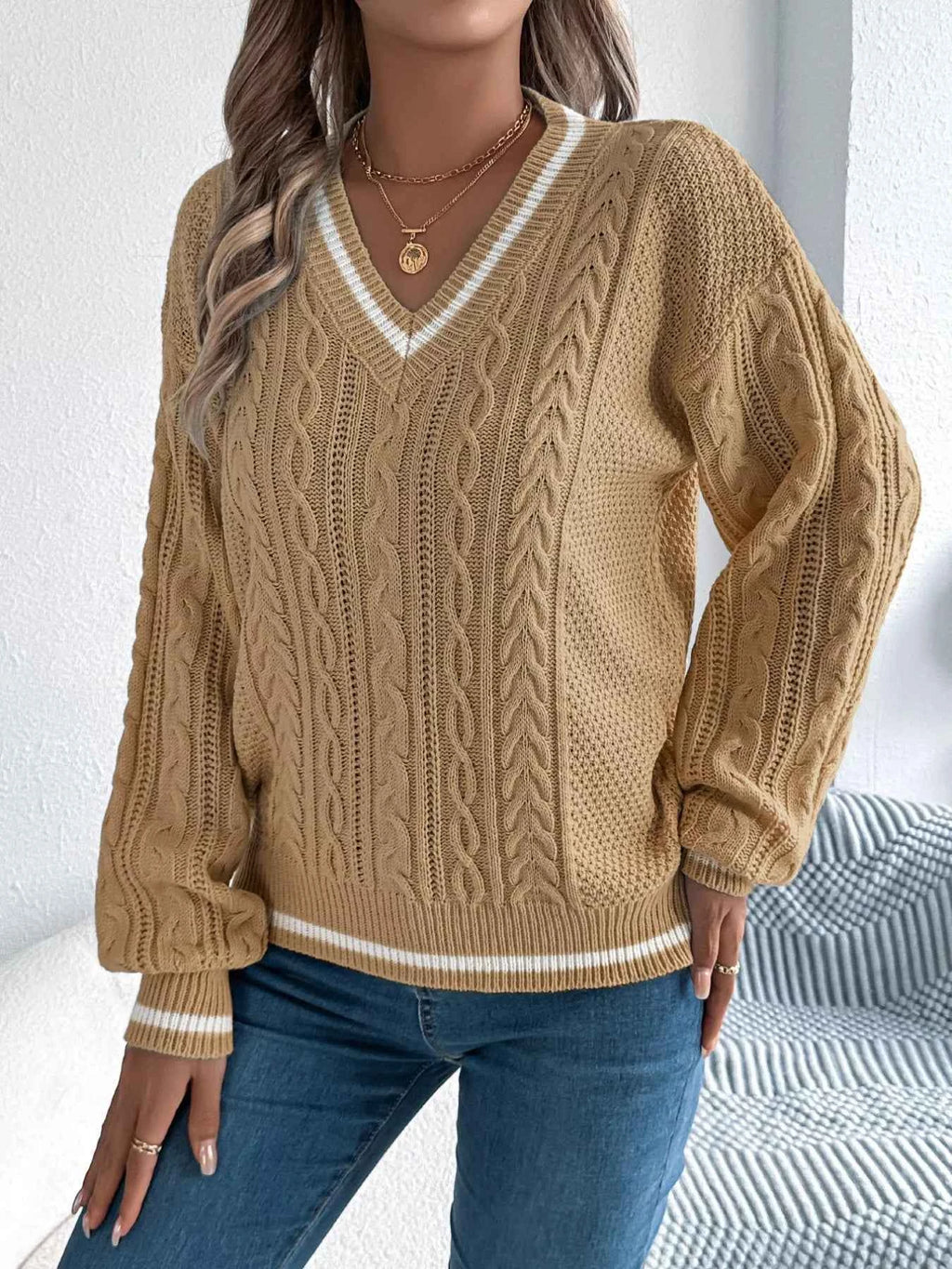 Cable Knit V-Neck Long Sleeve Sweater b39d9c96-8823-4c0e-b620-b9b9f7f54318-Max-Origin