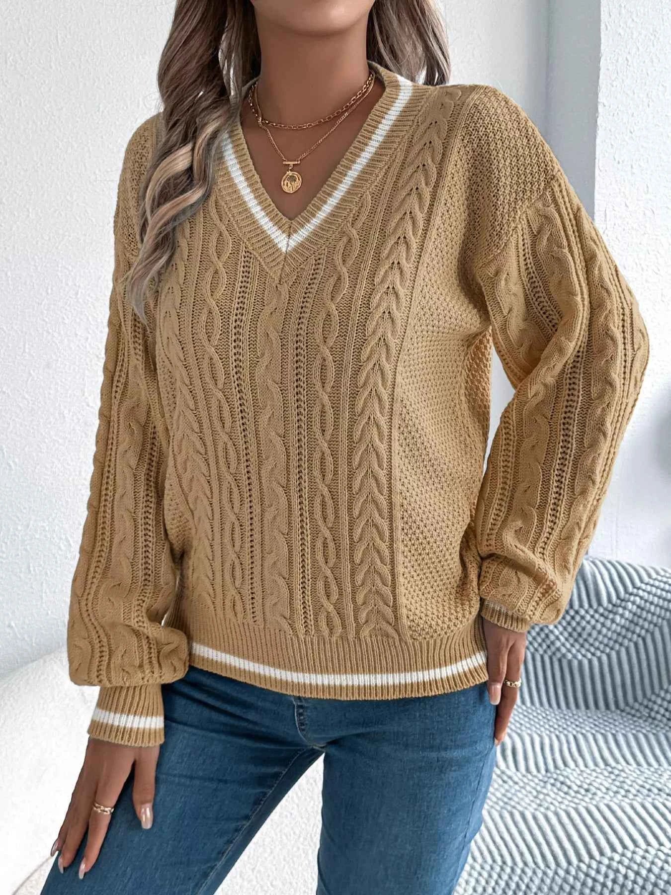 Cable Knit V-Neck Long Sleeve Sweater b39d9c96-8823-4c0e-b620-b9b9f7f54318-Max-Origin