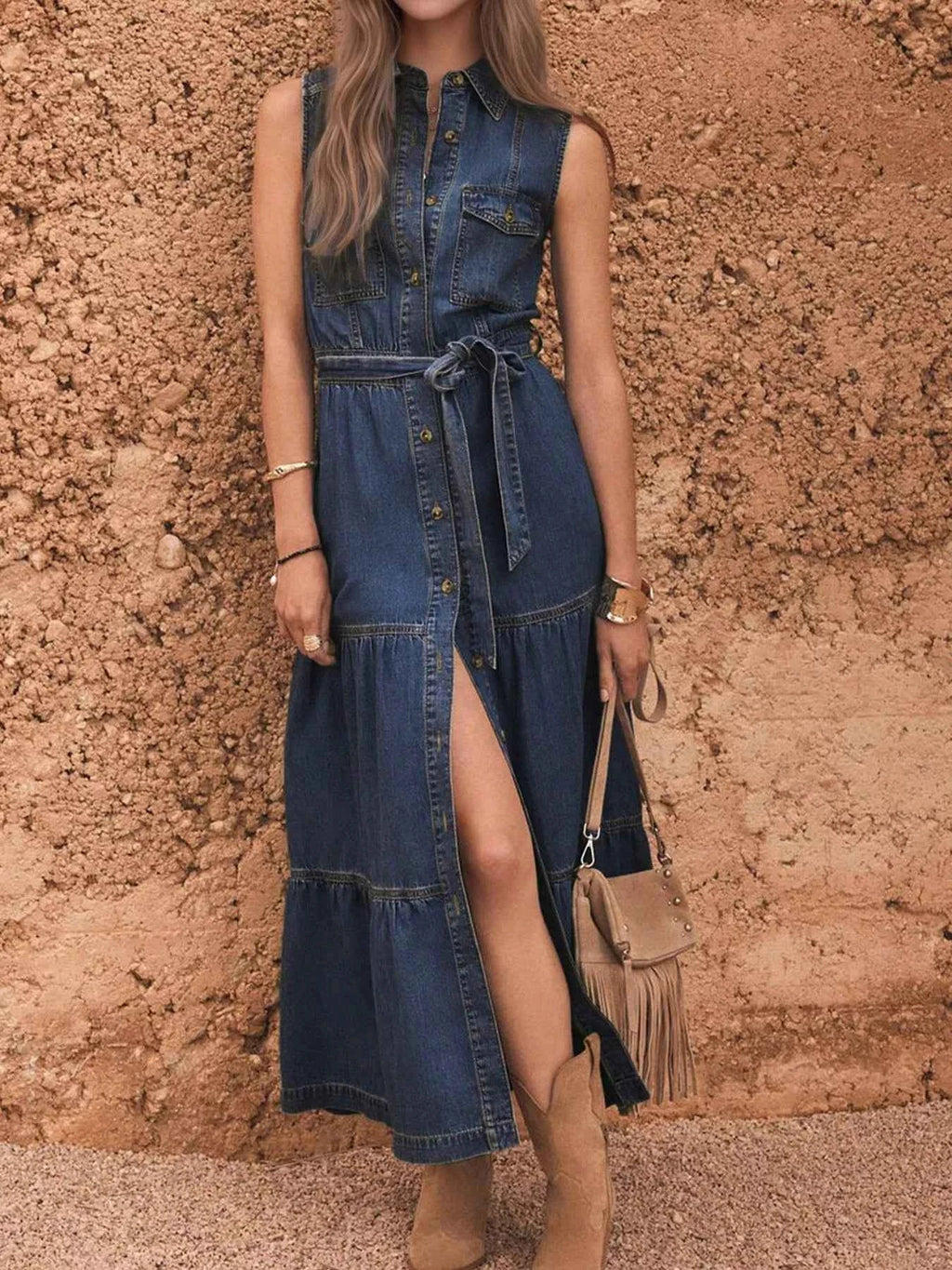 Button Front Sleeveless Denim Dress Dark Blue b3a34cec-55ab-4162-ae1b-99ebc660fd81-Max-Origin