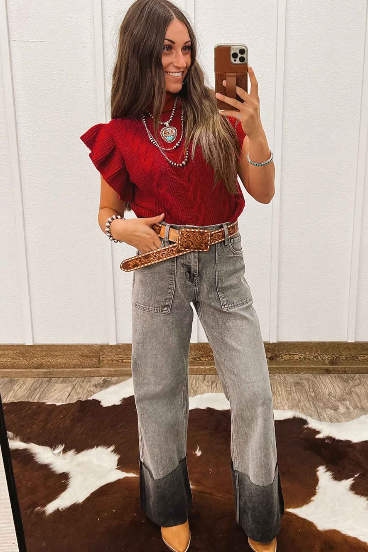 Tomato Red Cable Knit Turtleneck Ruffled Short Sleeve Sweater b3ac73e363073b11