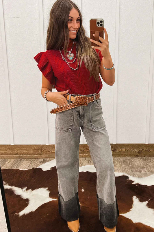 Tomato Red Cable Knit Turtleneck Ruffled Short Sleeve Sweater b3ac73e363073b11