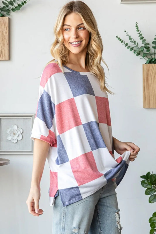 Checkered Round Neck Half Sleeve T-Shirt b3b0220e-bc63-4955-8fe9-60397ade310a-Max