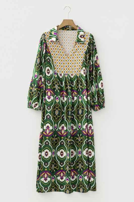 Plus Size Floral Patchwork V-Neck Maxi Dress Green b3b127c2-30e4-4321-ad61-ea17b13e0c1f
