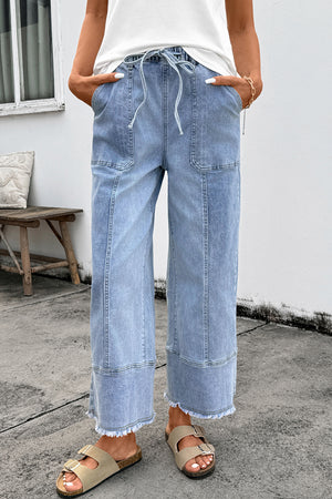 Beau Blue Drawstring Seam Detail Raw Hem Wide Leg Denim Pants Beau Blue 75%Cotton+23%Polyester+2%Elastane b3b20f78e5b62b19