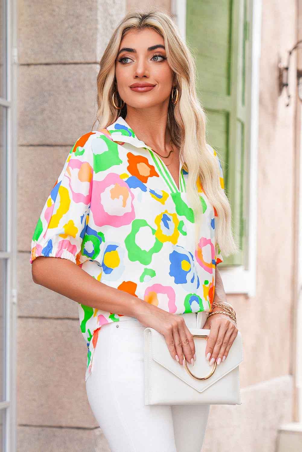 Green Abstract Leopard Short Sleeve Pop of Color Neckline Blouse b3b7a26814bf0185