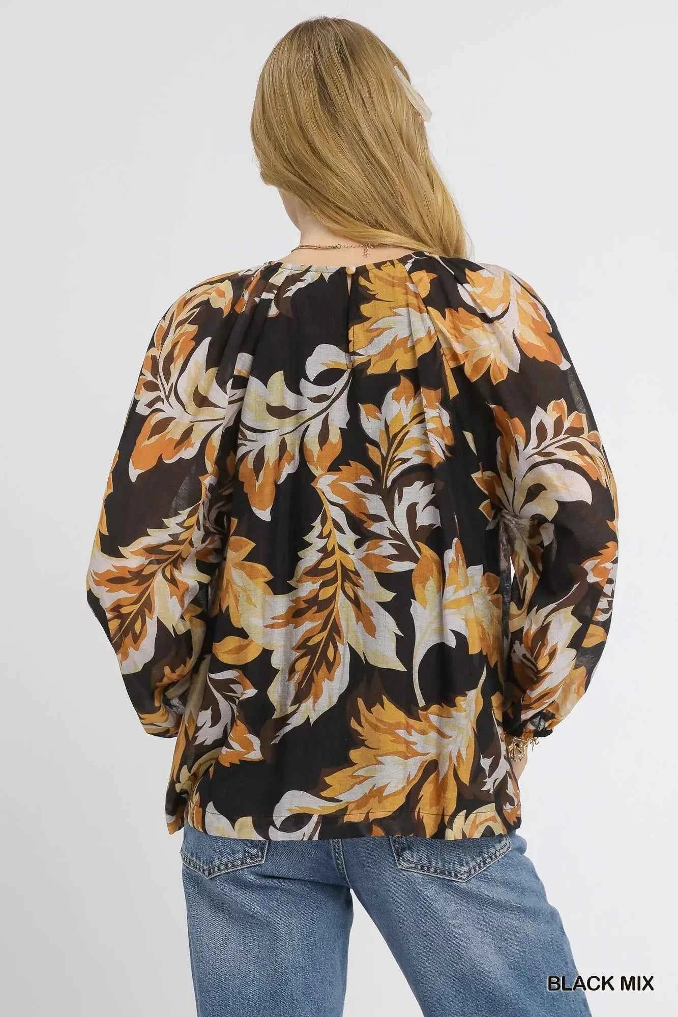 Umgee Autumn Leaf Print Balloon Sleeve Blouse b3b96c24-ac92-4fa1-b0da-e2e80682e9ba-Max-Origin
