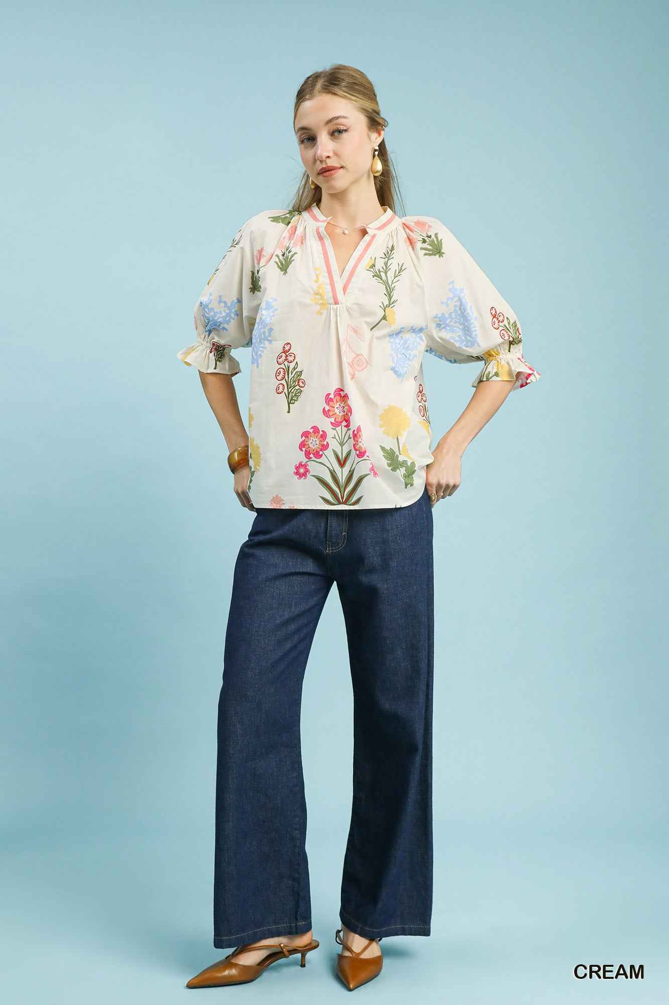 Umgee Floral Split Neck Puff Sleeve Top b3bd5a90-f523-463a-9e4e-976a1f0fc157-Max