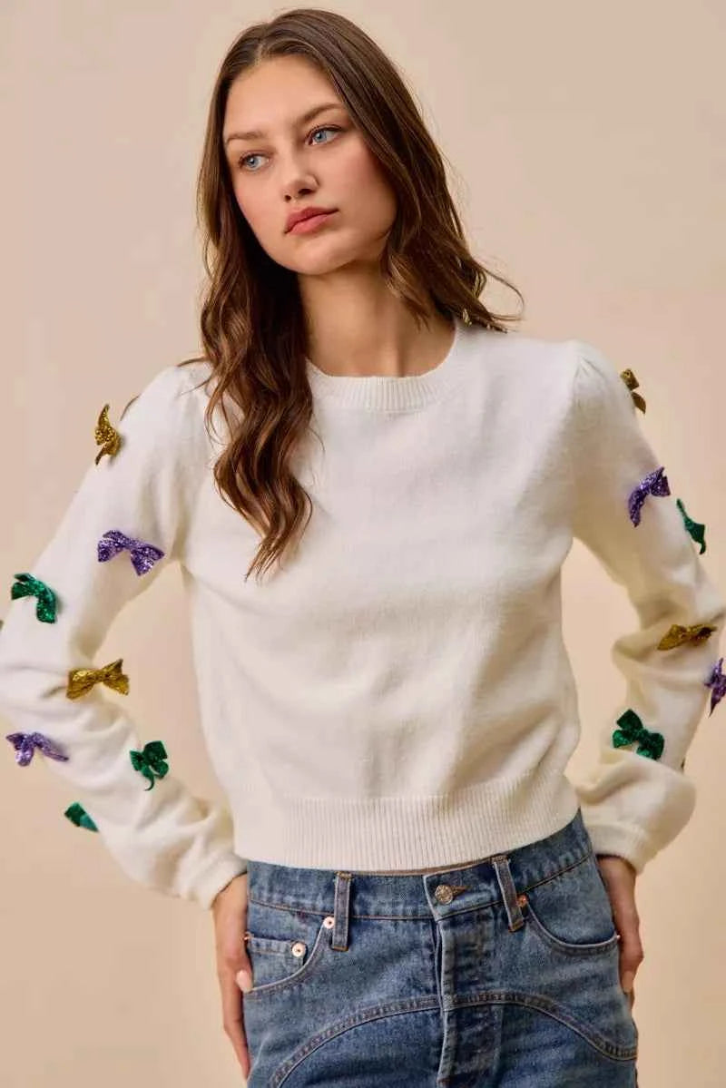 SO ME Mardi Gras Glitter Bow Ribbon Sweater Knit Top b3c082118ca64fc888f199075be943f6-Max-Origin