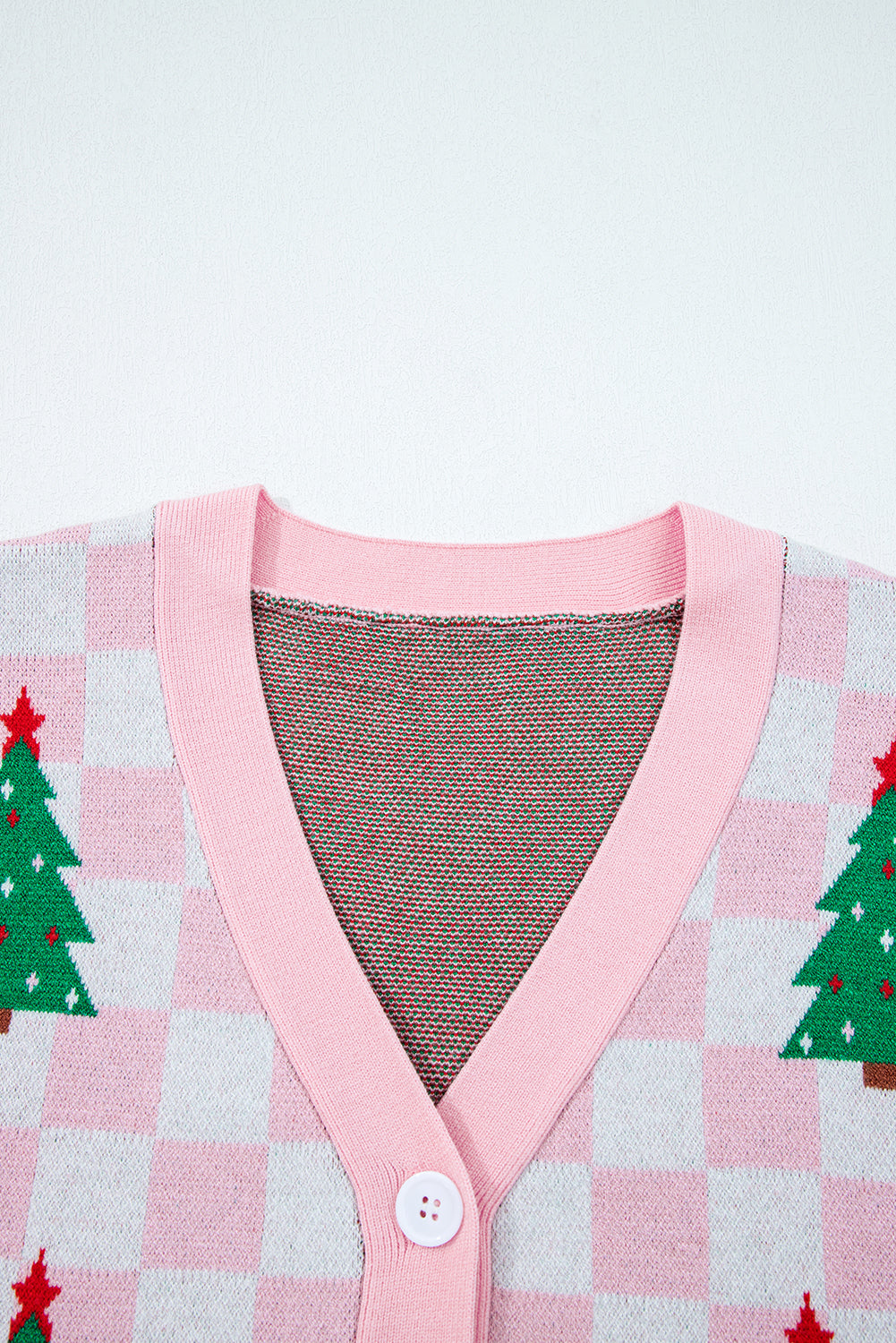 Red Checkered Christmas Tree Pattern Button V Neck Knit Cardigan b3c1836d87019aa3