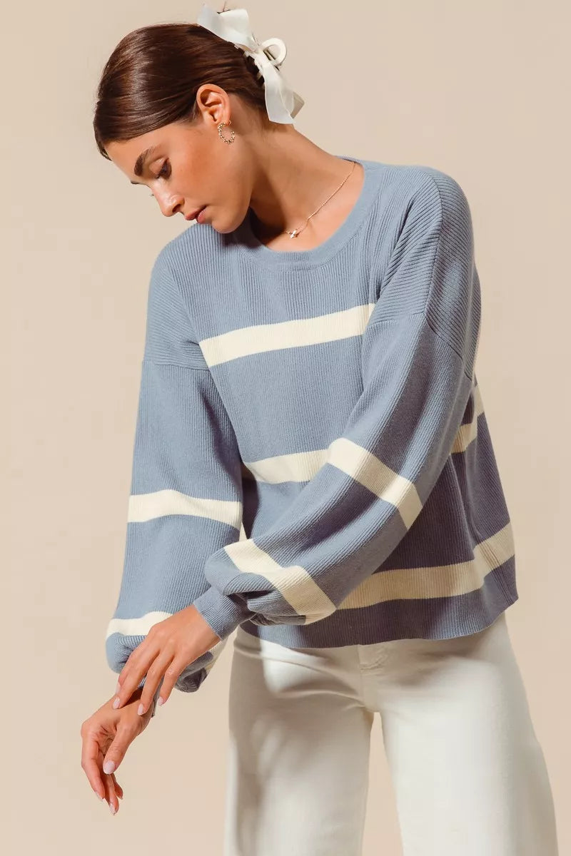 SO ME Ribbed Striped Round Neck Sweater b3c1a2243ee941f1a7e9e9febf2f741d-Max-Origin