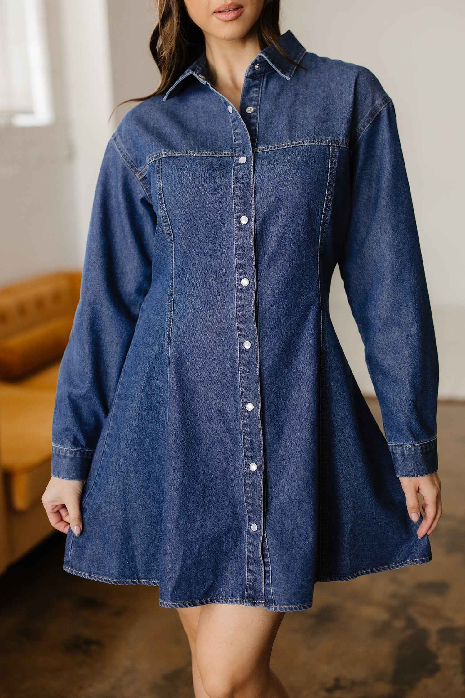Ashleigh Blue Denim Shirt Collar Long Sleeve Flared Mini Dress b3c2d4ea26d79121