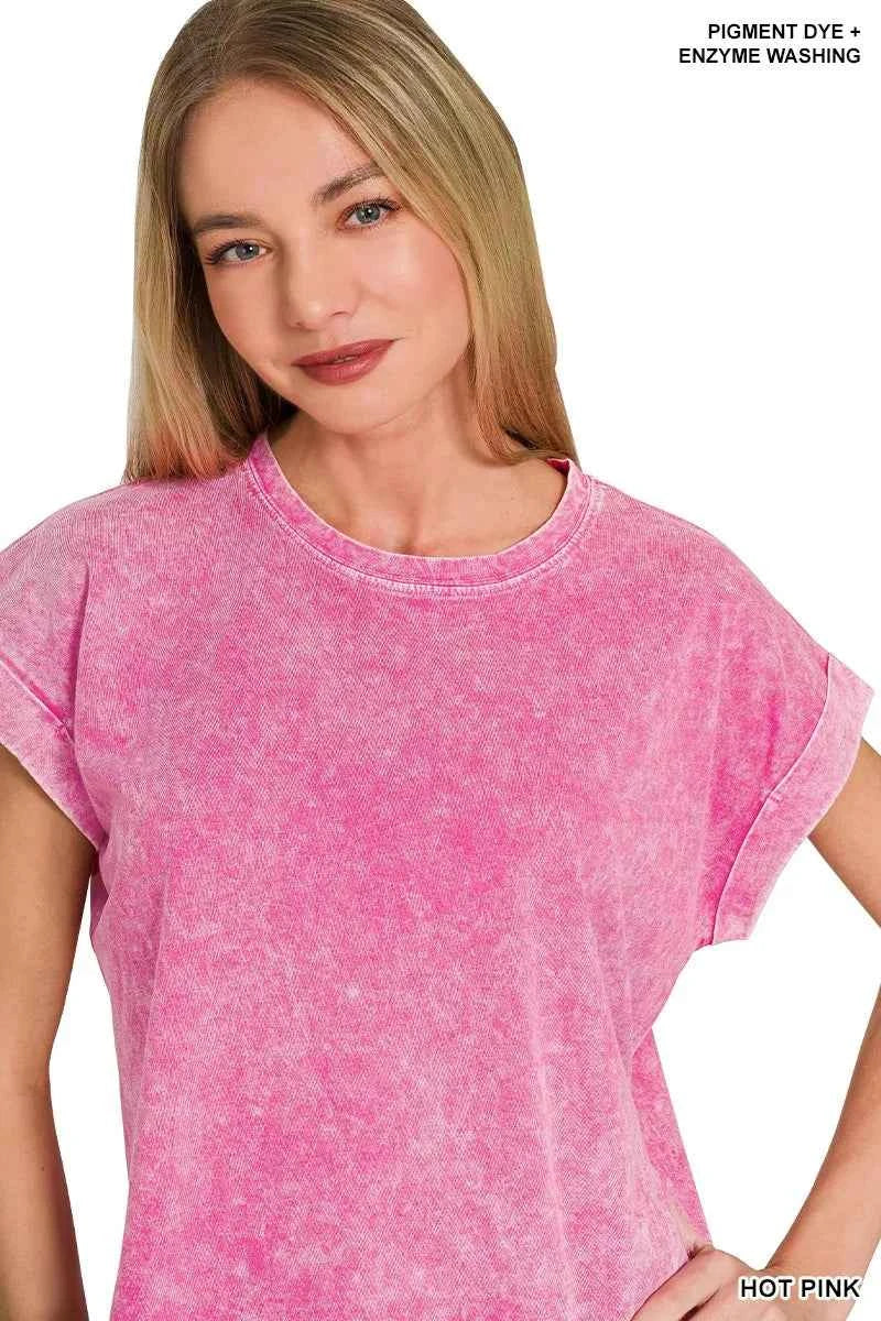 Zenana Halo Washed Cotton Cuffed Short Sleeve Top b3c999af13754180ac1de399ff22ad16-Max-Origin