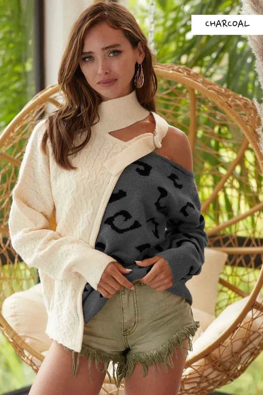 BiBi Cable-Knit Color Block One Shoulder Asymmetrical Sweater CHARCOAL b3ce795fd32049b98df8002f67abaf27-Max-Origin