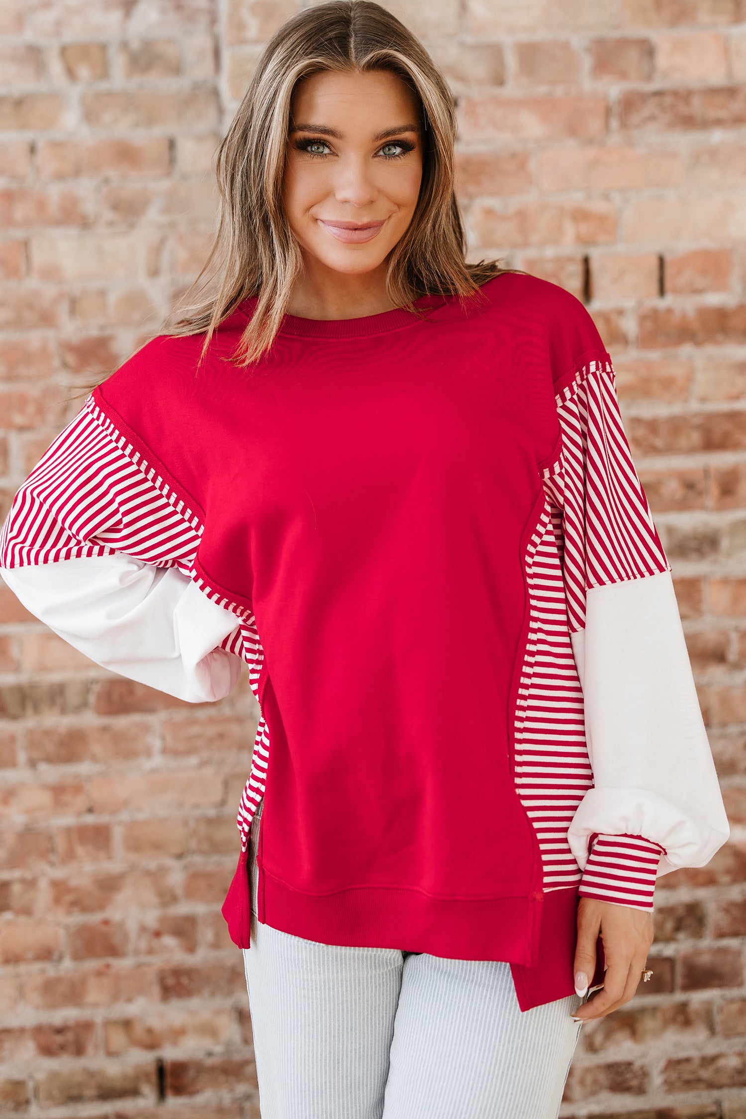 Racing Red Striped Patchwork Sleeve Colorblock Sweatshirt Fiery Red 65%Polyester+35%Cotton b3d53fbbb1343bc3