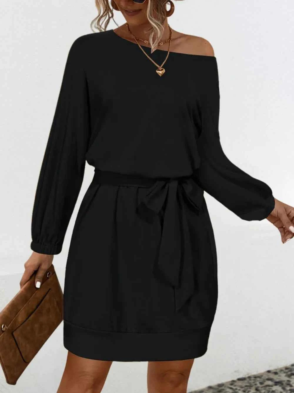 One Shoulder Tie Waist Dress Black b3dca0a6-48aa-4a88-8fa9-d8088d3b0d01-Max