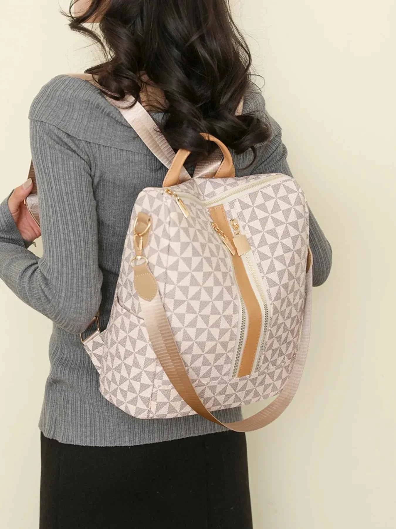 Geometric Pattern Backpack Bag Beige One Size b3e490a663b84385867421eb61fbb19e-Max-Origin