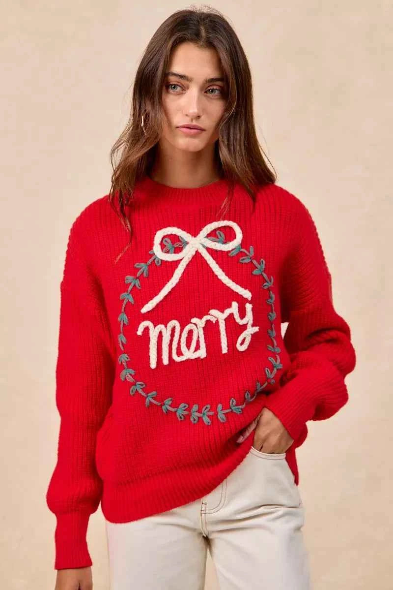 BiBi Christmas Wreath Merry Letter Knit Top b3e685664c564e4d8b0aae74bede7828-Max-Origin