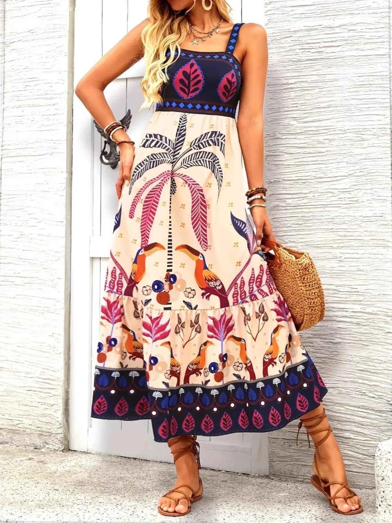 Printed Square Neck Midi Dress b3e8746eeac44108a481c97ea946052c-Max-Origin