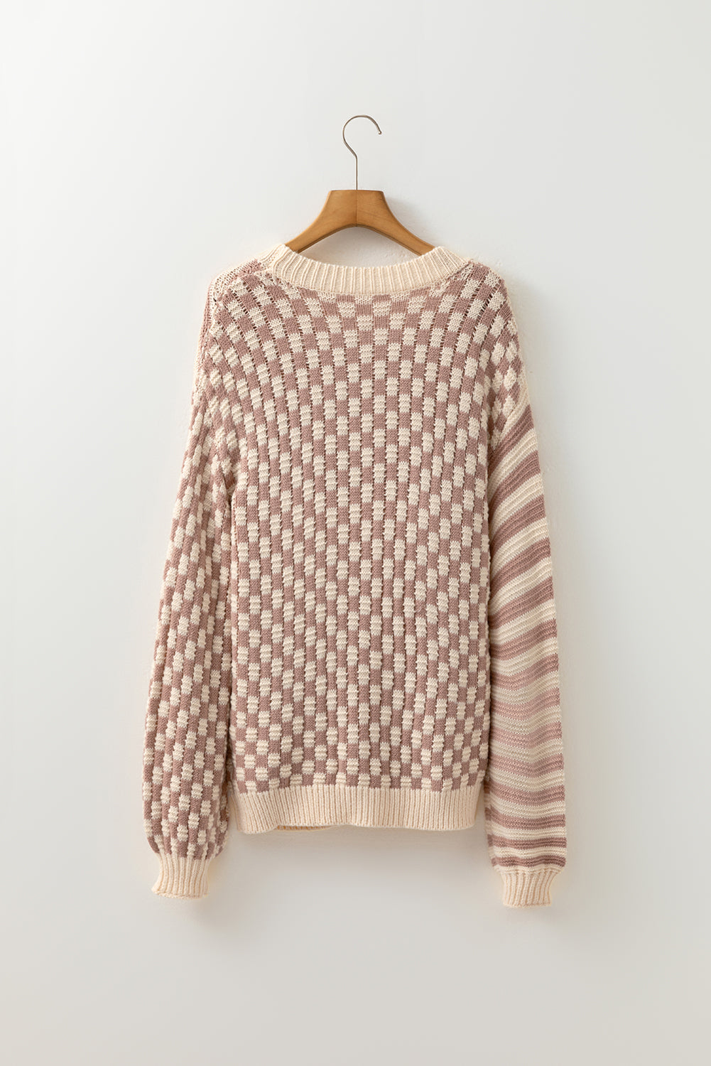 Khaki Stripe Checkerboard Drop Shoulder Balloon Sleeve Sweater b3e9d695718eea33