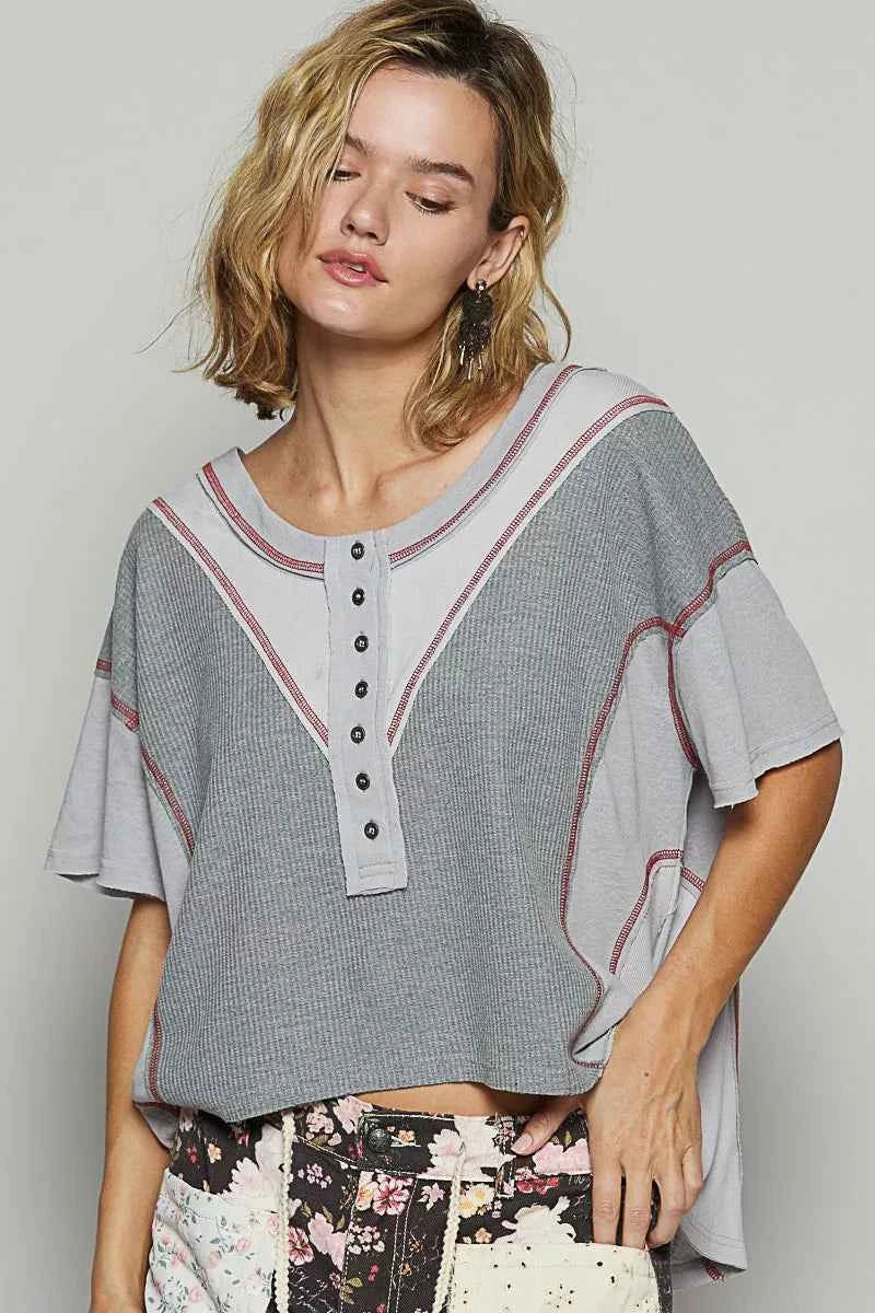 POL Round Neck Short Sleeve Contrast Stitching Top with Back Strap Detail GREY MULTI b3f00975-e190-4b7c-ad0e-8674d54dc61f-Max-Origin