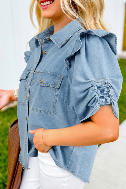 Myosotis Ruffle Detail Short Puff Sleeve Button Down Flap Pocket Denim Shirt b3f25830dc9e94af