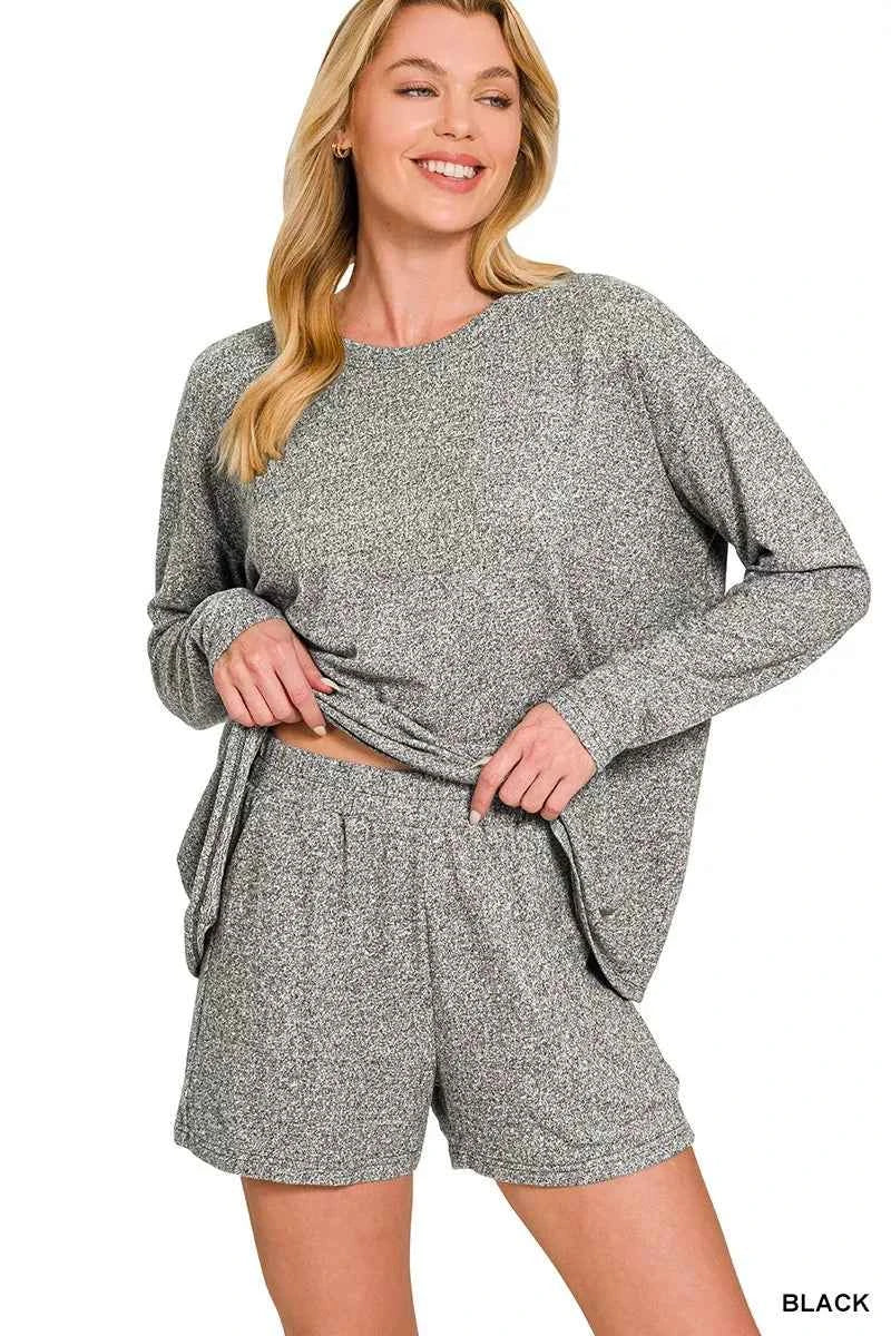 Zenana Soft Melange Long Sleeve Tee and Shorts Set BLACK b3f5dfc1268e42379848b3650b136160-Max-Origin