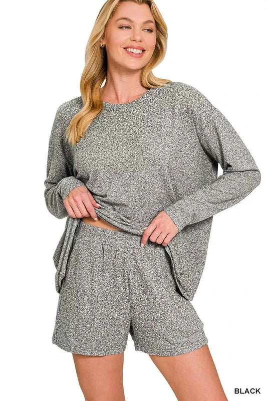 Zenana Soft Melange Long Sleeve Tee and Shorts Set BLACK b3f5dfc1268e42379848b3650b136160-Max-Origin
