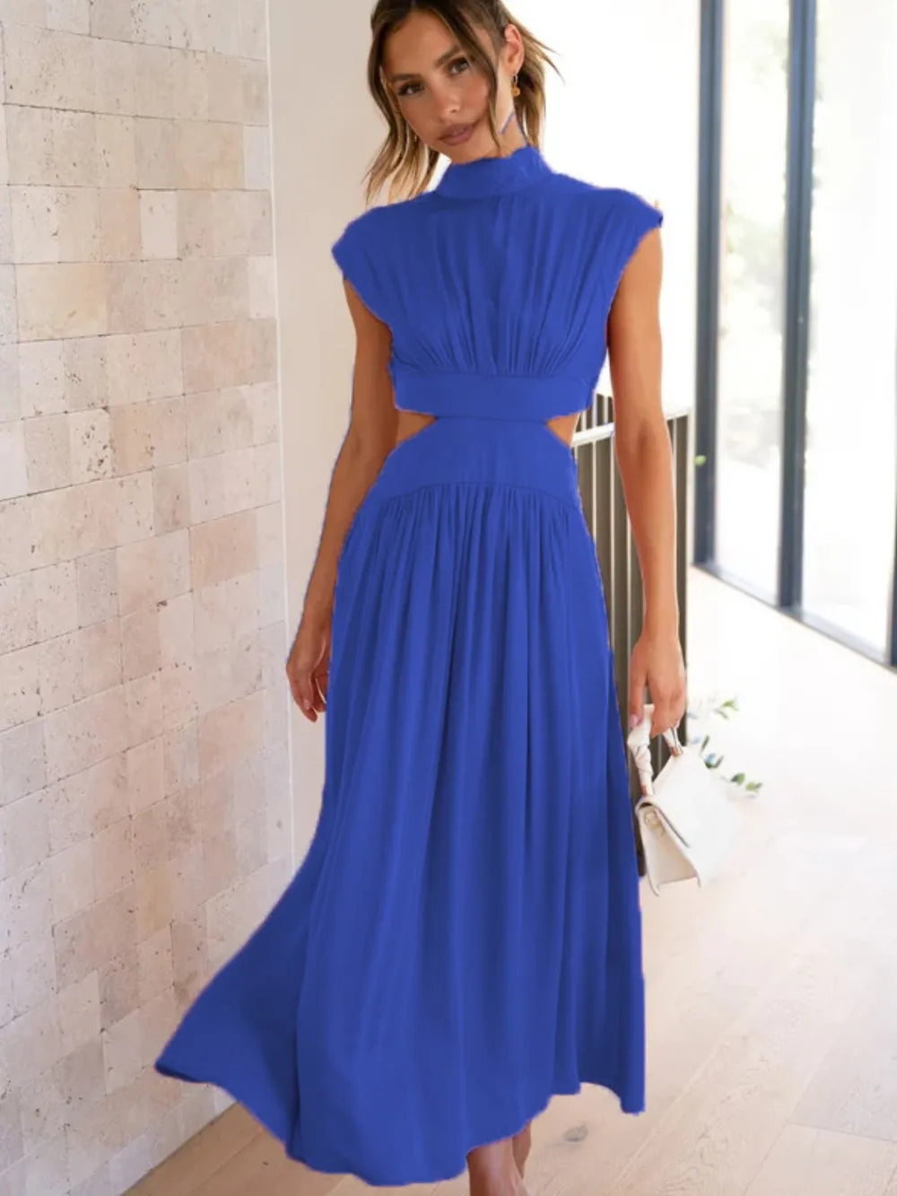 Cutout Mock Neck Sleeveless Ruched Dress Royal Blue b3f5fc73-7454-42c9-8bfb-c59dbffcc3d9-Max