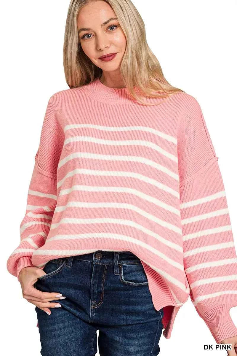 Zenana Exposed Seam Striped Oversized Sweater DK PINK b3fc0e9c08ea403da732620dadf49234-Max-Origin