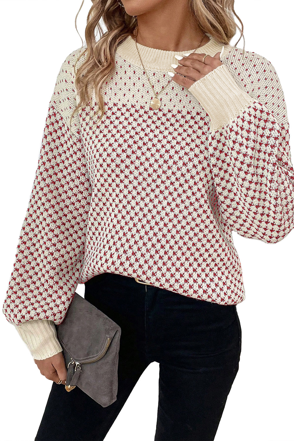 Red Colorblock Bishop Sleeve Knit Sweater Red 55%Acrylic+45%Cotton b3fc826731b3402f