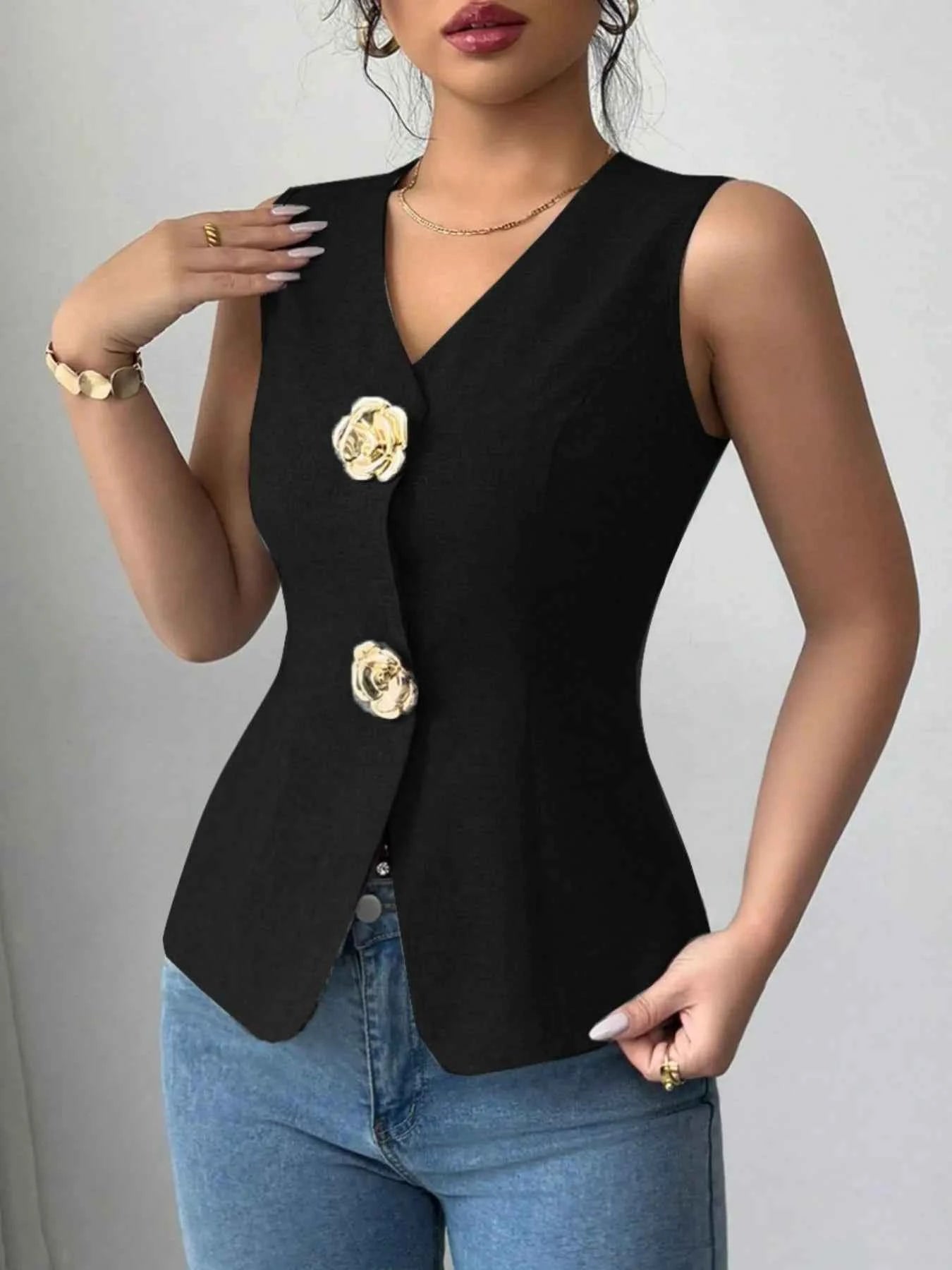 V-Neck Button Detail Tank Top Black b3fcbc21-26f0-42bf-bc7c-3bcc74aebc62-Max-Origin