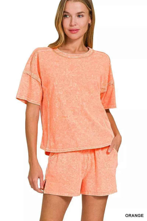 Zenana Halo Snow Washed Short Sleeve Tee and Shorts Set ORANGE b3fec74a2d1f4626ae37bd787bdc4860-Max-Origin