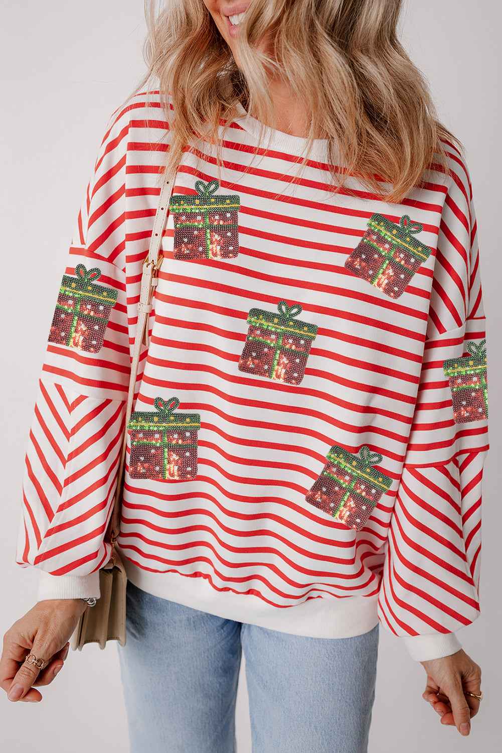 Orange Stripe Sequin Christmas Gift Patched Drop Shoulder Sweatshirt b4039be78bef16ea