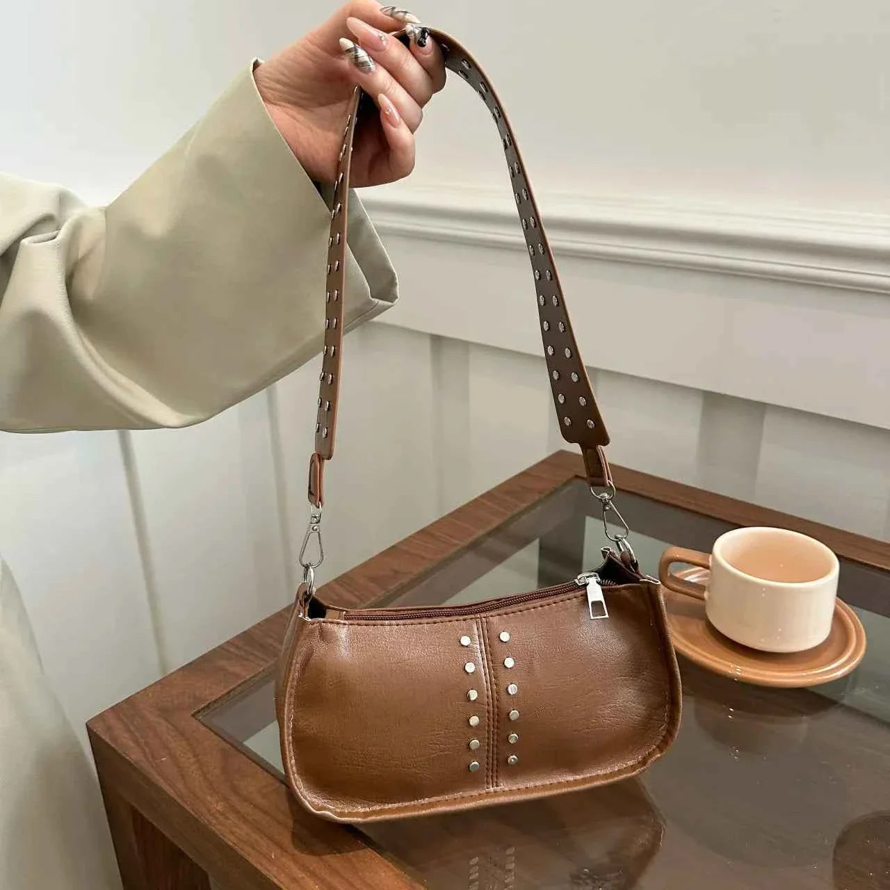 PU Leather Studded Shoulder Bag Brown onesize b404ecdfbbc54775a9dc8571743e7d0a-Max-Origin