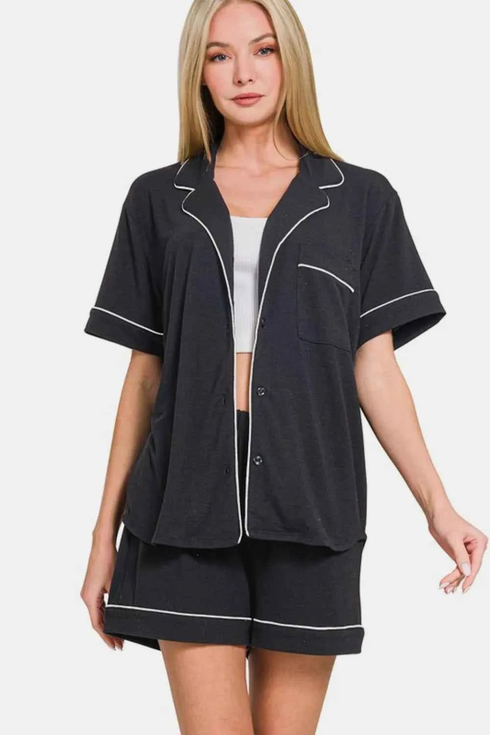 Zenana Button Down Short Sleeve Top and Shorts Lounge Set Black b407e56d-7125-4734-b456-51db11f7462c-Max