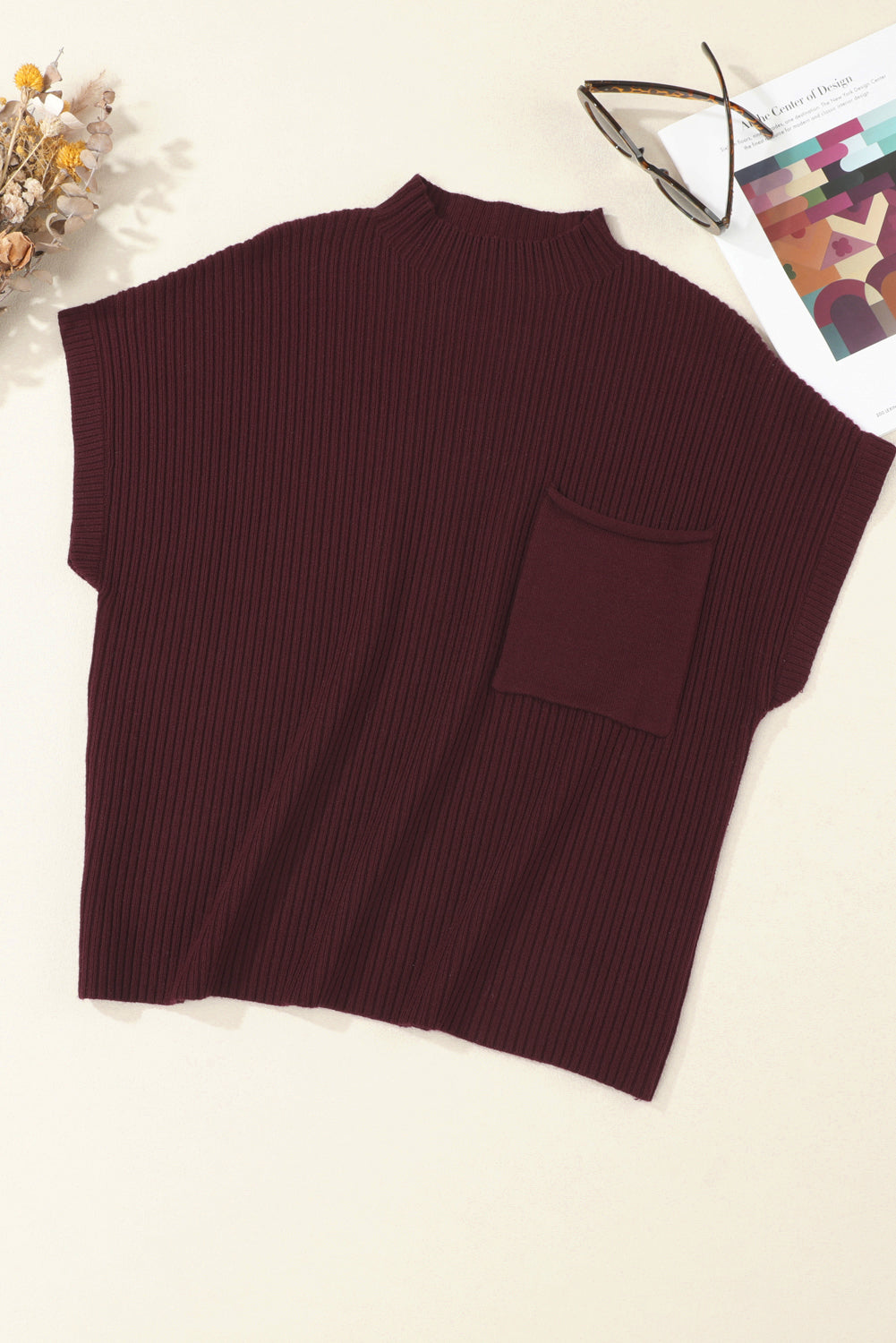 Green Patch Pocket Ribbed Knit Short Sleeve Sweater b40925bfa307ff52