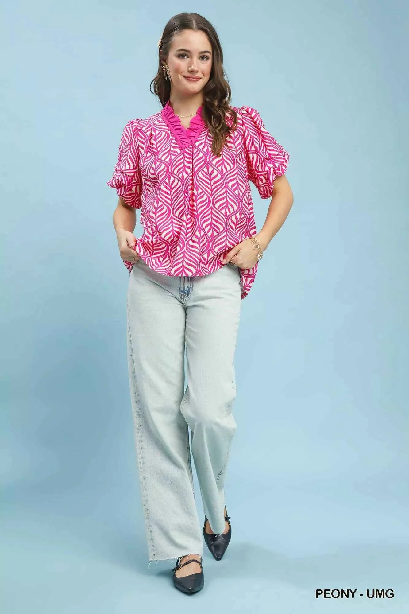 Umgee Printed Puff Sleeve Ruffle Neck Top b40dea81-5cc0-4446-8b59-3e2ab241f029-Max-Origin