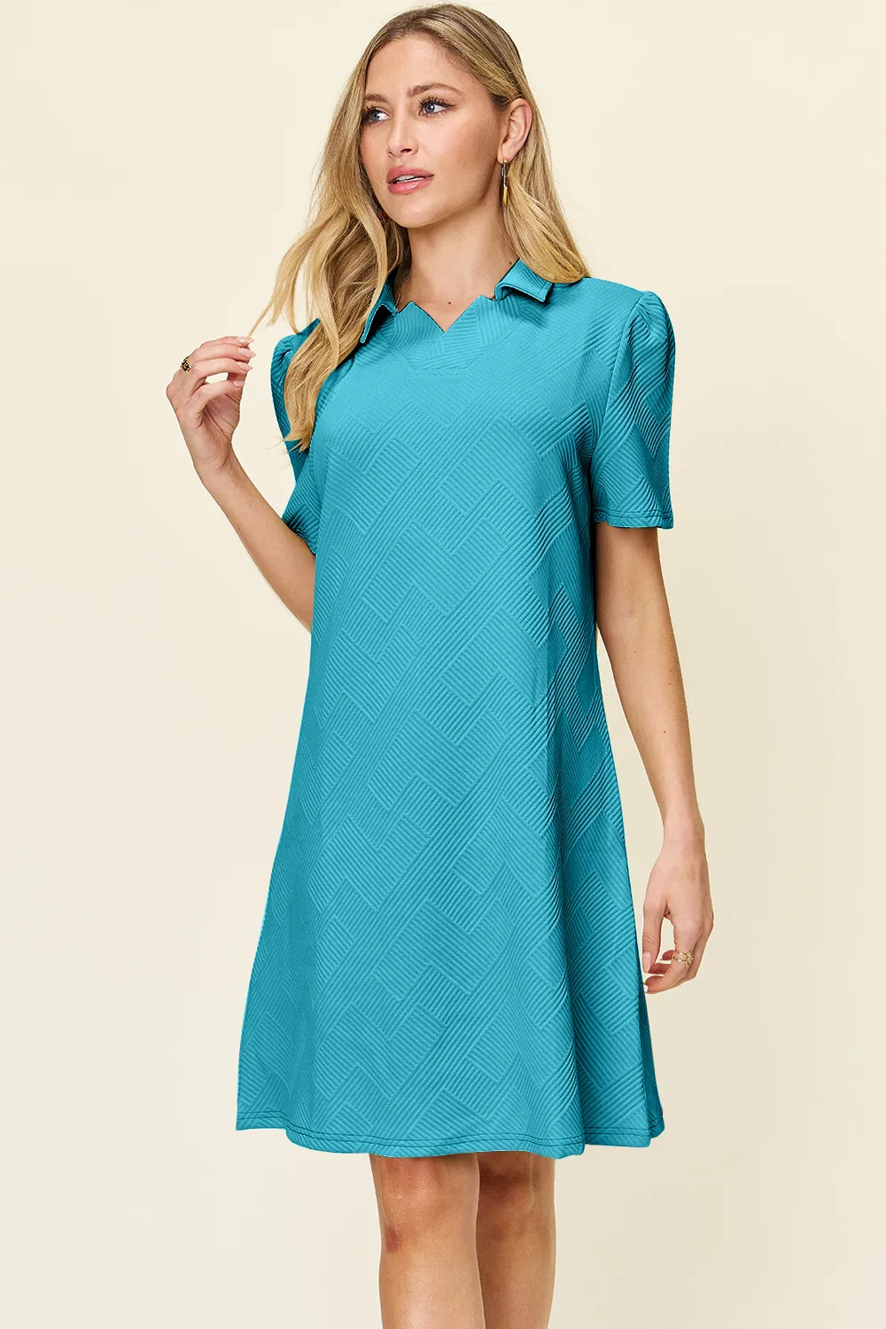 Double Take Full Size Texture Collared Neck Short Sleeve Dress b40f7f9a-54c2-4023-b3c5-2e4838bb0c39-Max