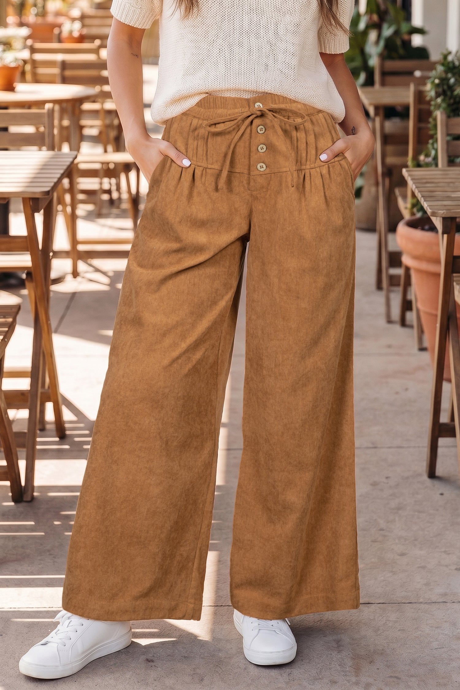 Thai Curry Elastic Waist Wooden Button Placket Ankle Length Wide Leg Pants Thai Curry 100%Polyester b4123b2c0377e4bb