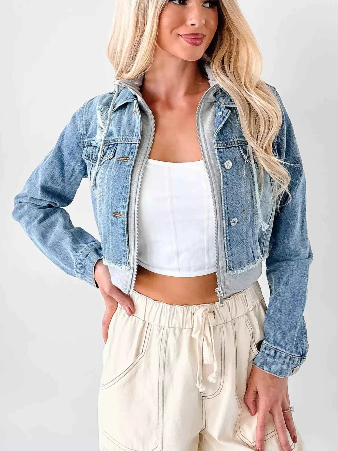 Distressed Zip Up Cropped Hooded Denim Jacket b4191fc8795544faa7fd80dd66bef5f0-Max-Origin
