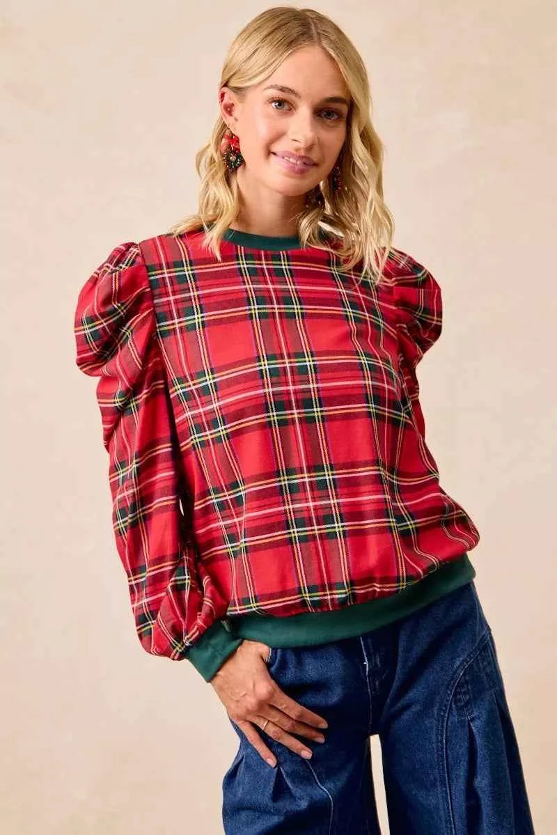 BiBi Christmas Plaid Exaggerated Shoulder Sleeves Top b41b07693b414dbd9f258ceb12e59ce7-Max-Origin