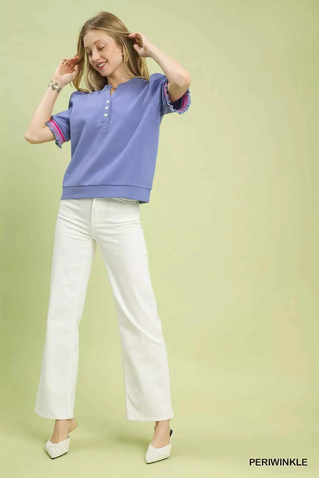 Umgee Puff Sleeve Button Front Top with Contrast Trim b41c51a2-1539-414b-9619-d5cdd810e0ad-Max-Origin